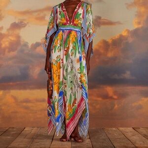 NWT Farm Rio Off-White Tropical Destination Kimono Sleeve Midi Dress